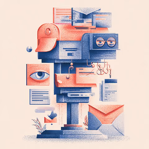 Conceptual illustration of a mechanical mail hub with envelopes, documents, and an eye icon, symbolizing personalization and audience targeting in email campaigns.