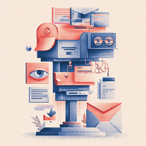 Conceptual illustration of a mechanical mail hub with envelopes, documents, and an eye icon, symbolizing personalization and audience targeting in email campaigns.