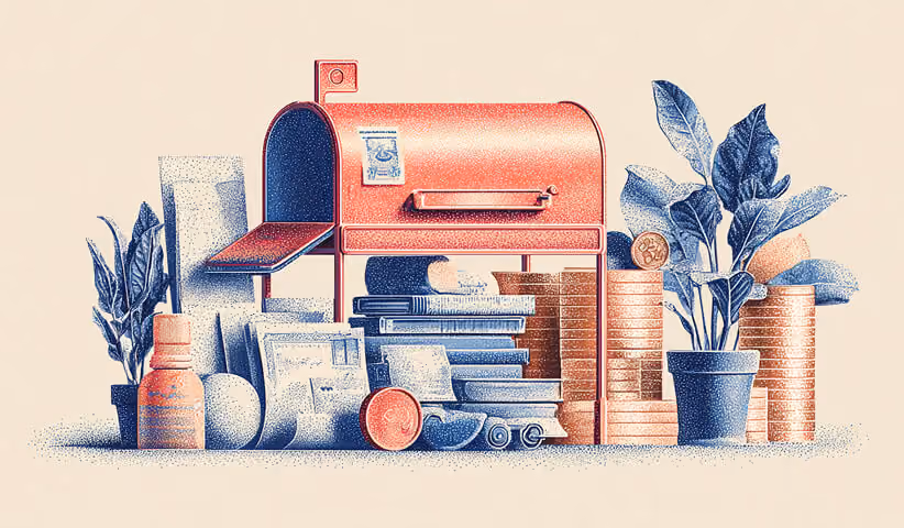 Stylized mailbox surrounded by packages, books, and coins, symbolizing lifecycle campaigns that generate retention and recurring revenue.