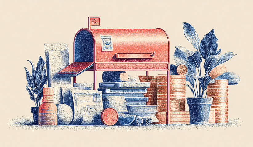 Stylized mailbox surrounded by packages, books, and coins, symbolizing lifecycle campaigns that generate retention and recurring revenue.