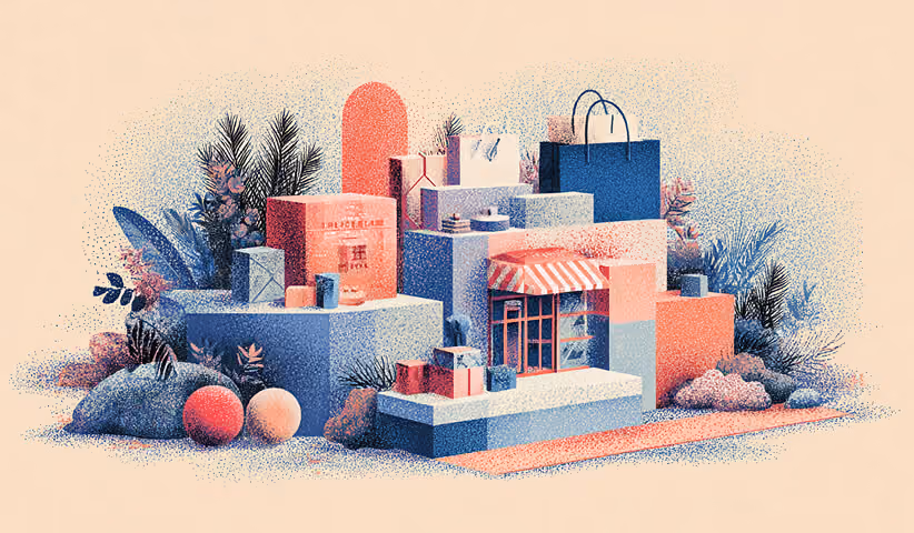 Illustration of stacked product boxes, shopping bags, and storefront elements, representing eCommerce brands leveraging email marketing for sales growth.