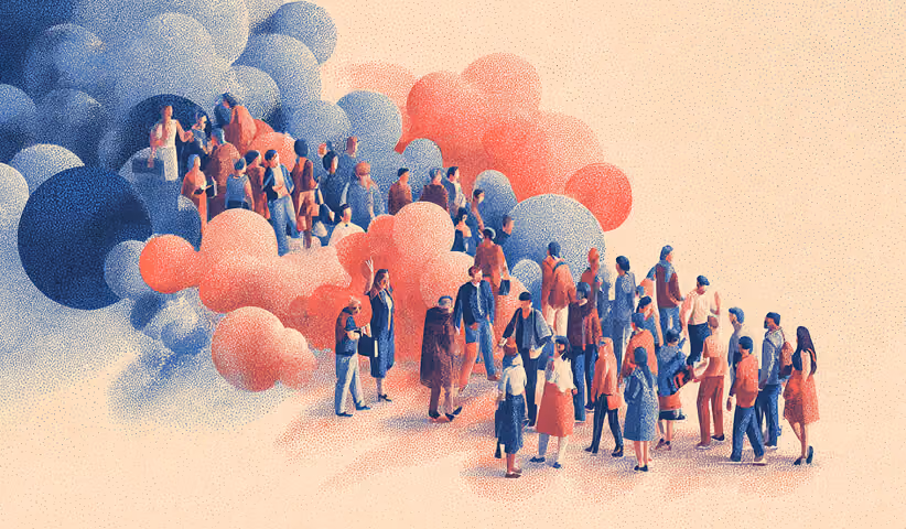 Large group of people standing among abstract clouds, symbolizing audience segmentation and customer communities in email marketing.