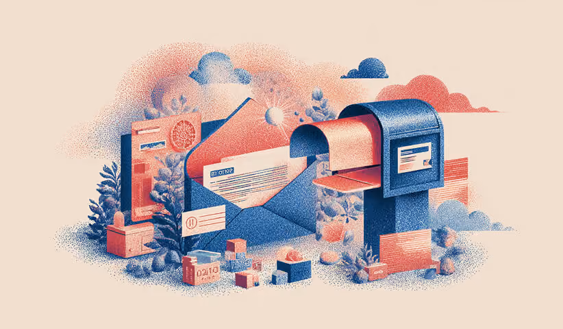 Open mailbox releasing an envelope with marketing materials and digital notifications, representing campaign delivery and automated email flows.