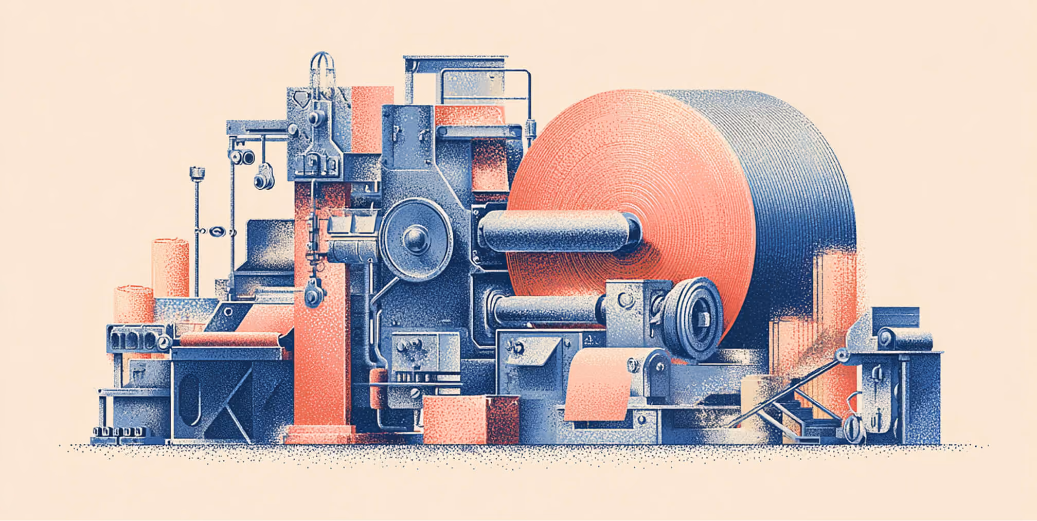 Industrial printing press producing a large roll of paper, symbolizing scalable email campaign production and content deployment.