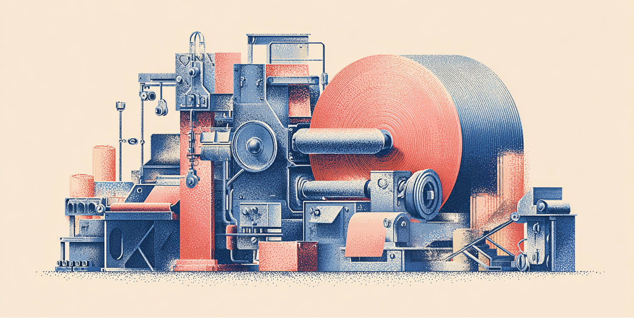 Industrial printing press producing a large roll of paper, symbolizing scalable email campaign production and content deployment.
