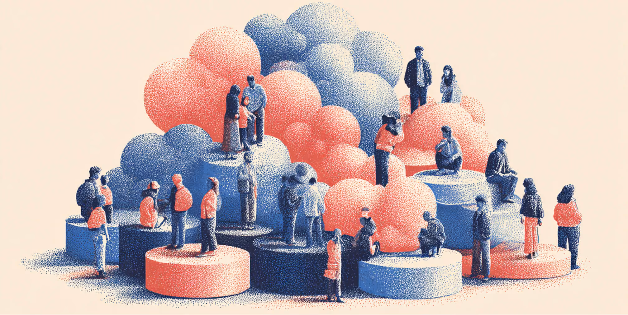 Group of diverse people standing on layered circular platforms and abstract cloud shapes, representing customer engagement, loyalty, and long-term brand growth.