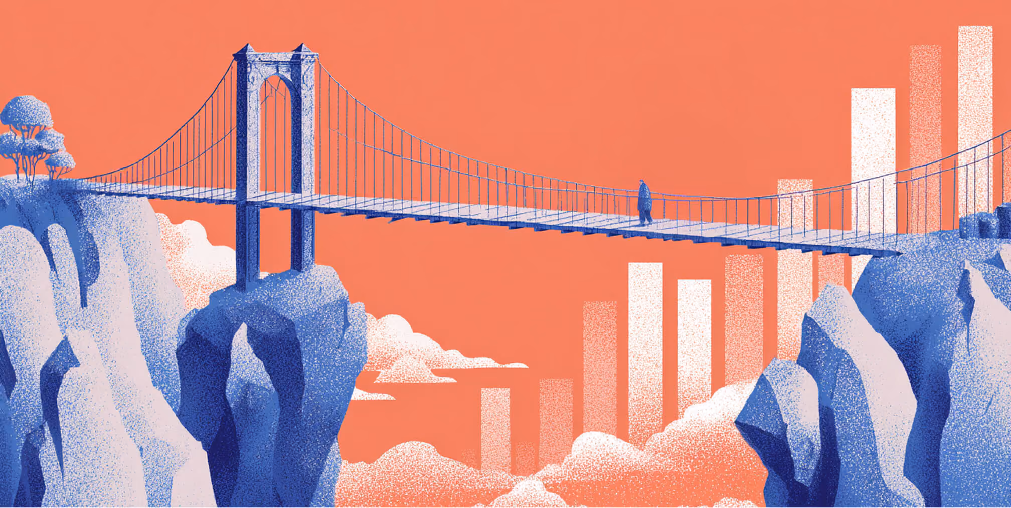 Illustration of a suspension bridge spanning a canyon with rising bar charts in the background, symbolizing growth and long-term eCommerce email strategy.