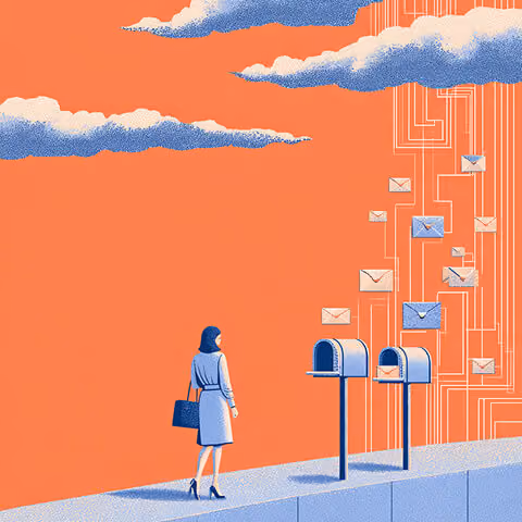 Woman standing beside two mailboxes as digital envelopes flow through circuit-like lines in the sky, representing automated email marketing systems.
