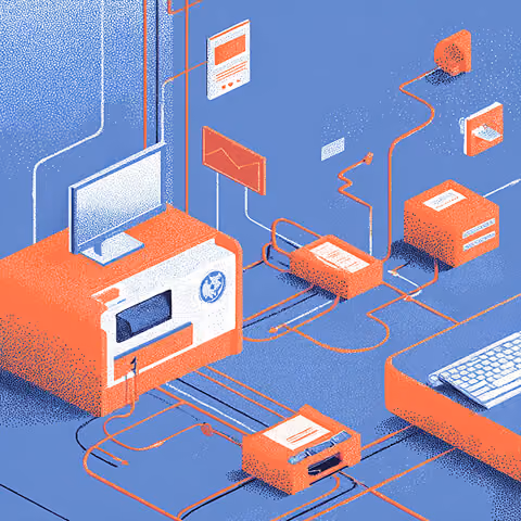Isometric illustration of email marketing software connected to devices and data nodes, visualizing campaign automation and performance tracking.