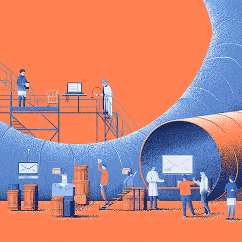 Team of marketers working around a large pipeline system distributing emails and packages, symbolizing email flows and customer lifecycle automation.