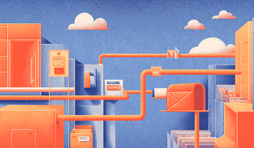 Network of pipes and mailboxes transferring envelopes across a cityscape, representing structured email delivery infrastructure.