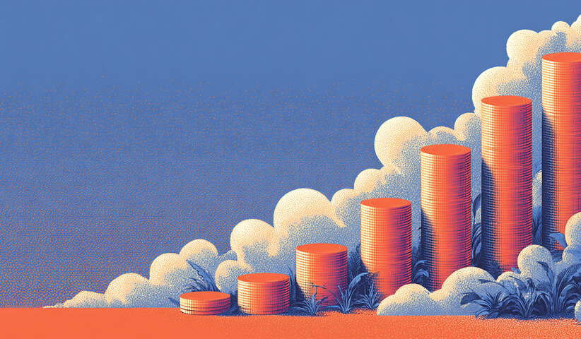 Stacked coins rising among clouds, illustrating revenue growth driven by strategic email marketing campaigns.