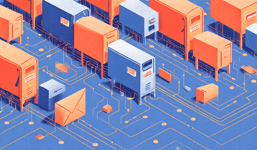 Grid of interconnected mail servers and envelopes over a digital network, symbolizing scalable eCommerce email systems.
