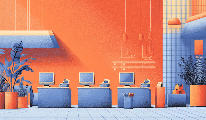 Retail-style checkout counters and workspace environment, representing customer touchpoints and conversion optimization.