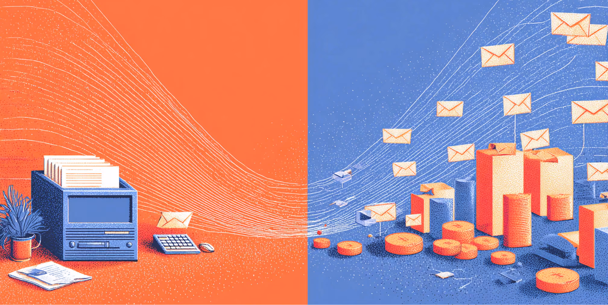 Split illustration showing outbound email campaigns on one side and revenue growth with packages and coins on the other, visualizing ROI from email marketing.