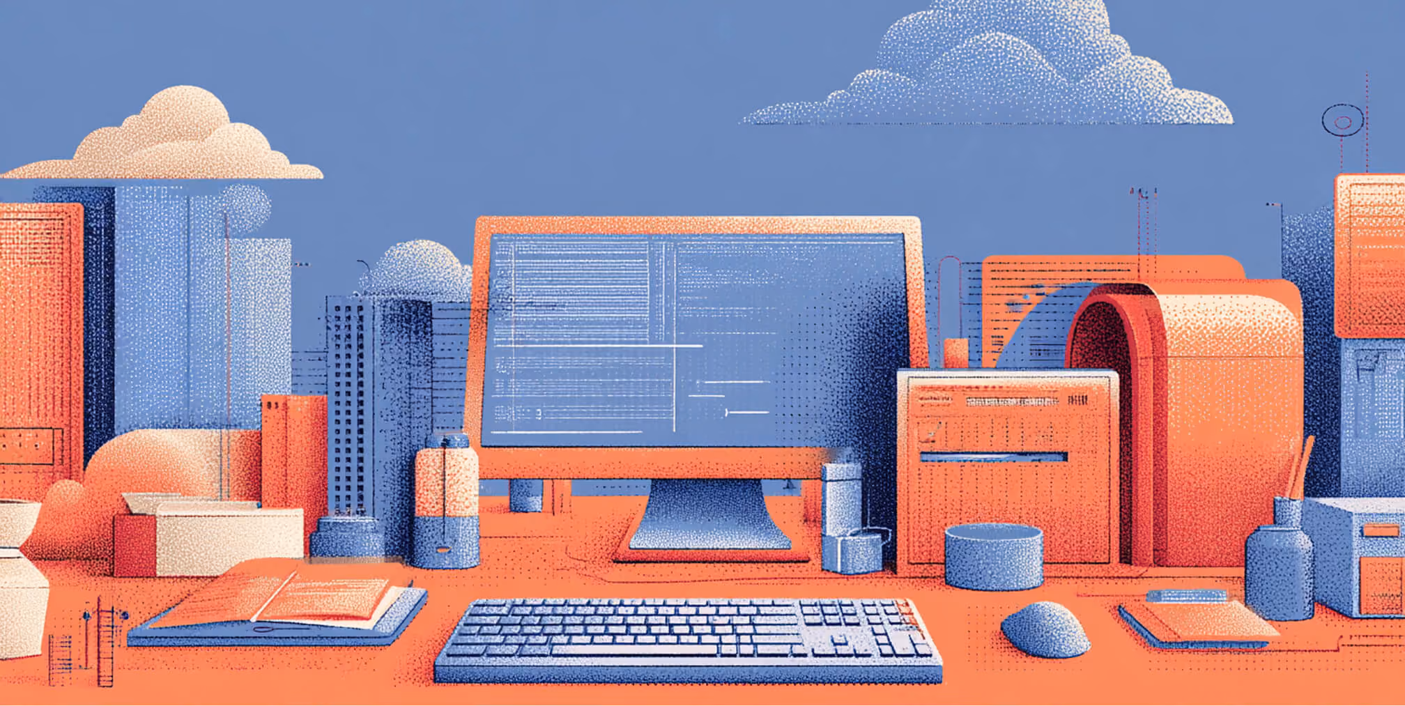 Desktop workspace with computer displaying analytics dashboard, email tools, and automation software, representing data-driven email marketing management.