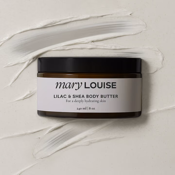 Luxury skincare product jar of Mary Louise Lilac and Shea Body Butter placed on a textured cream background.