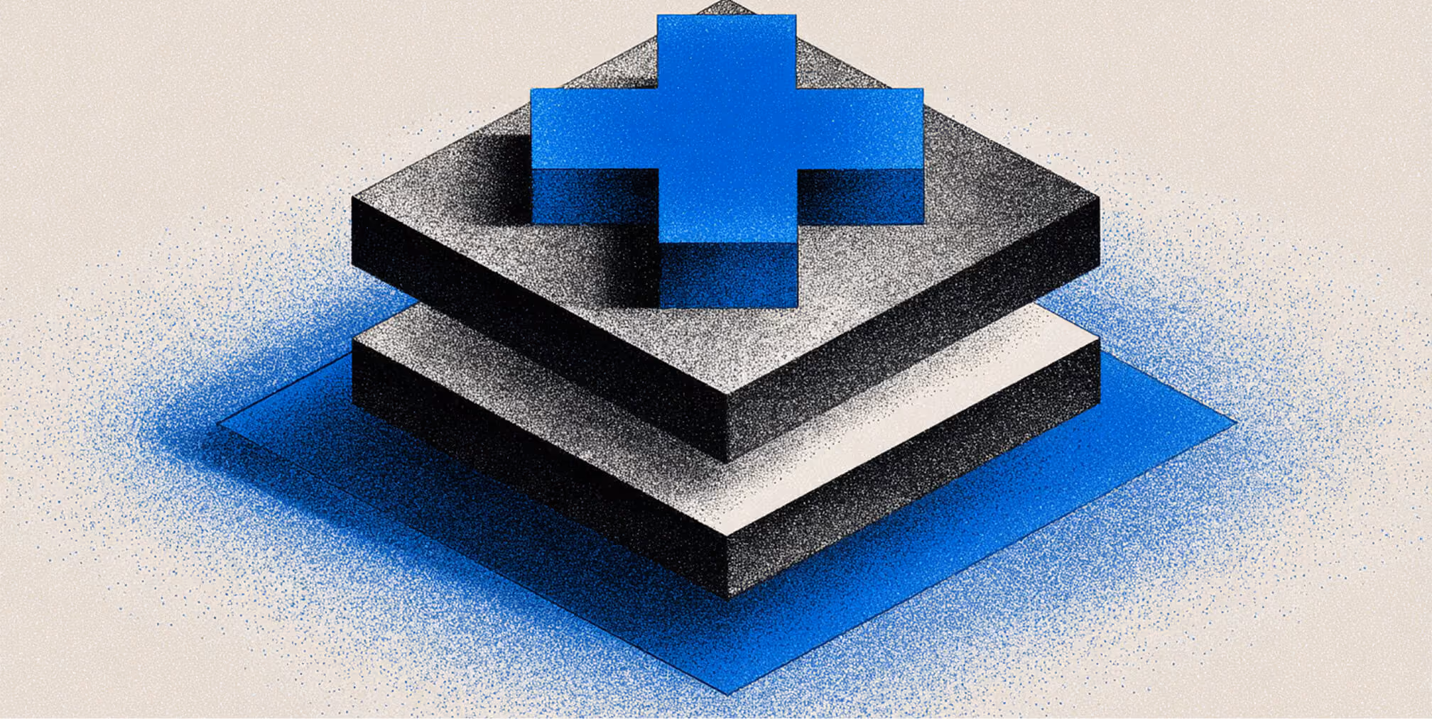 Blue medical cross symbol stacked on geometric platforms, representing modern healthcare branding and digital transformation in 2026.