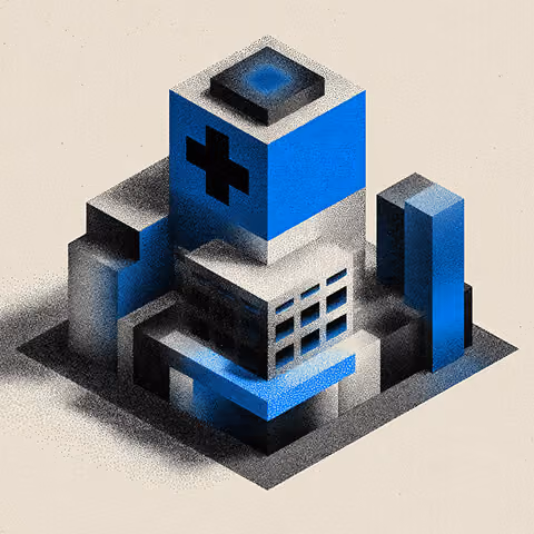 Isometric hospital building with a medical cross on top, representing healthcare institutions strengthening brand identity.