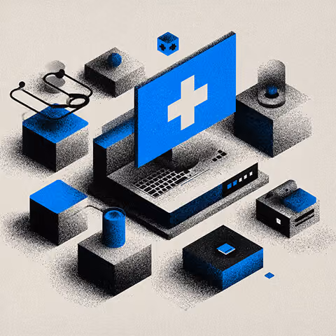 Laptop displaying a medical cross surrounded by healthcare tools and devices, illustrating digital health marketing and technology integration.