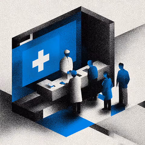 Patients consulting with a doctor in a digital clinic setting, symbolizing patient experience and healthcare brand trust.