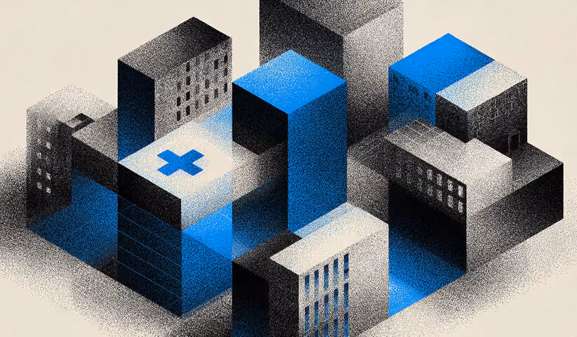 Cluster of geometric buildings with a central medical cross, illustrating competitive positioning in the healthcare market.