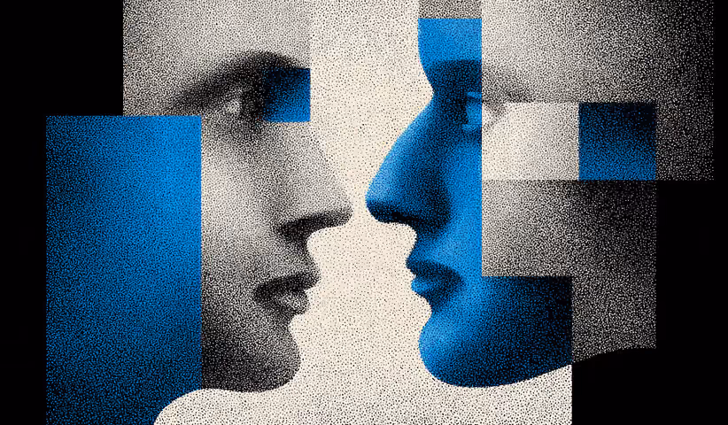 Two overlapping human profiles in blue and white, symbolizing patient connection, communication, and brand empathy in healthcare marketing.