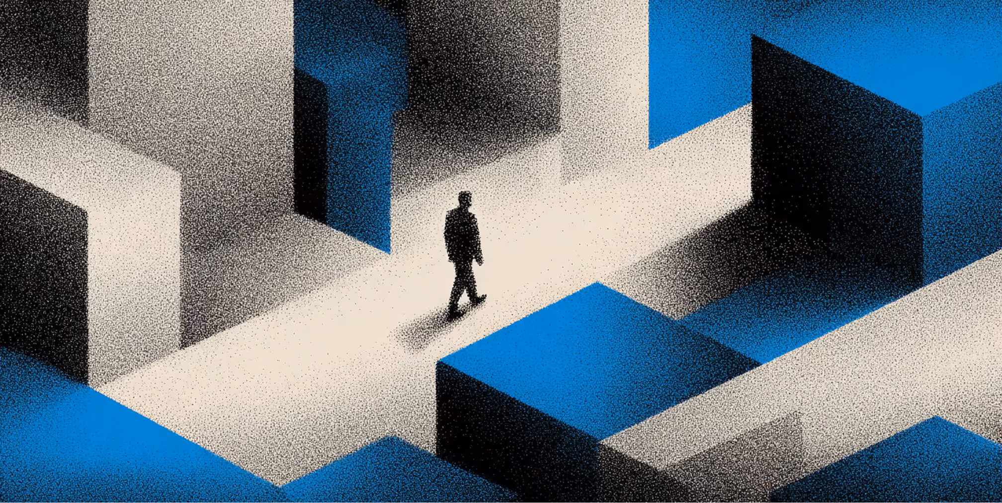 Individual walking through geometric architectural spaces, symbolizing navigating healthcare choices and brand differentiation.