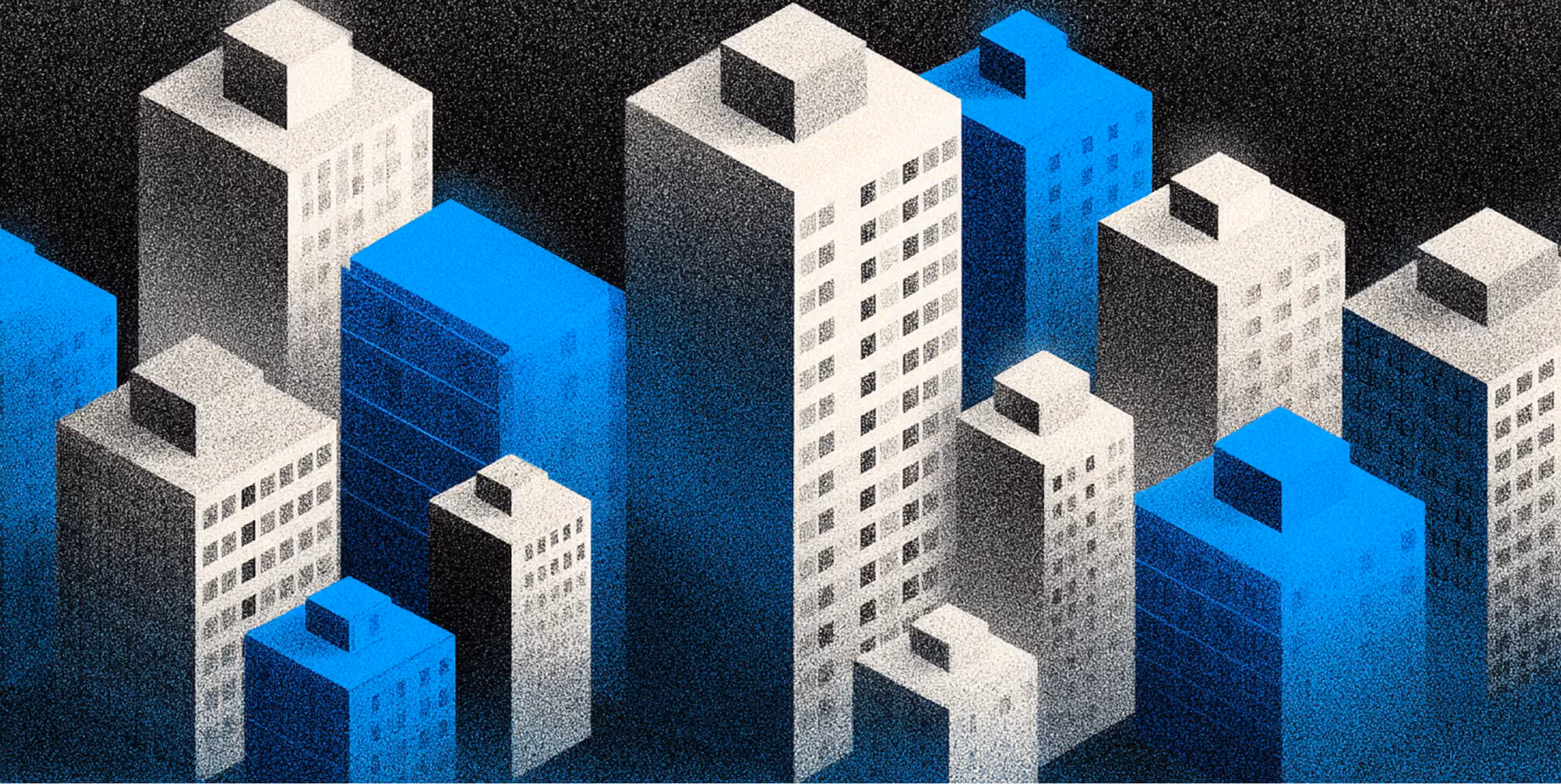Cityscape of blue and white buildings, representing healthcare market presence and large-scale medical brand positioning.