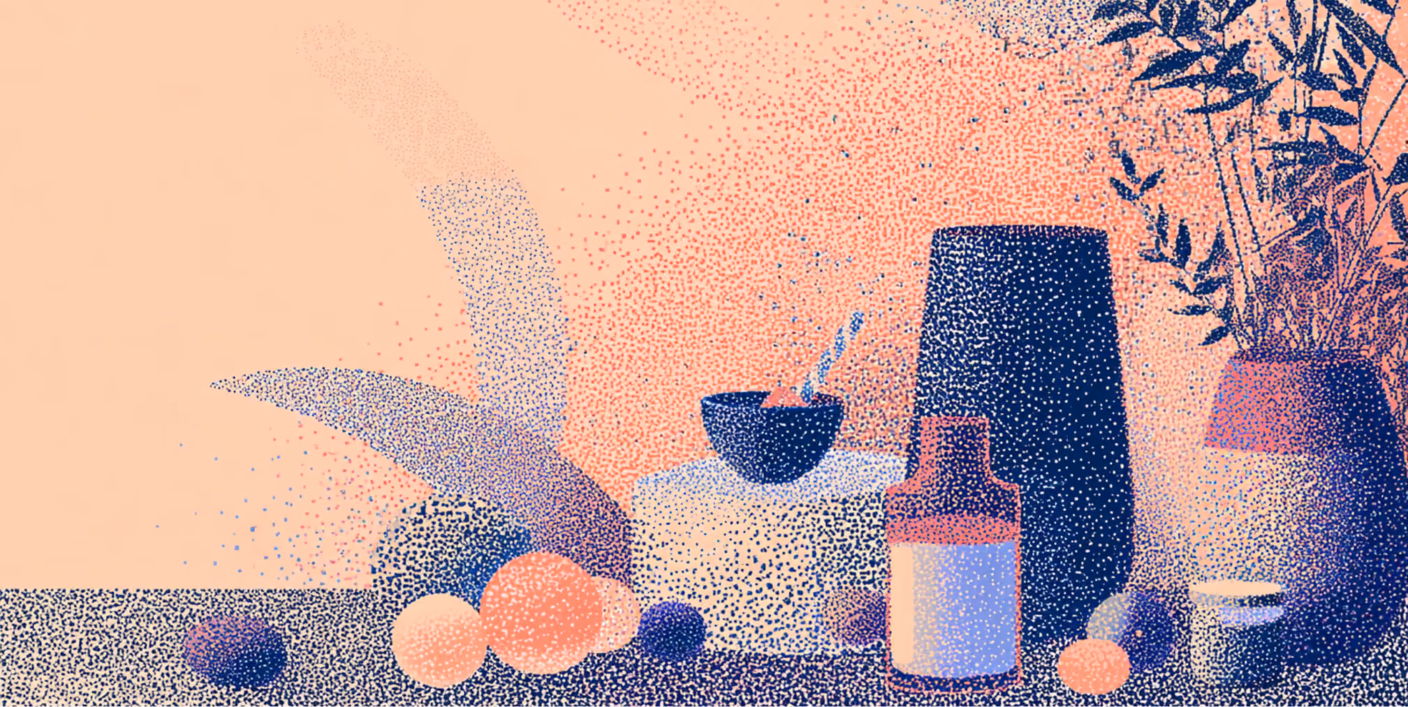 Wellness still life with supplement bottles, plant leaves, and natural elements in soft coral and blue tones, representing modern holistic wellness branding.
