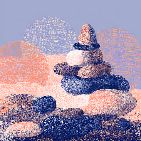 Stacked balance stones in a serene landscape, symbolizing stability, mindfulness, and brand equilibrium in the wellness industry.