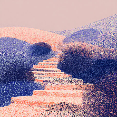 Pathway winding through calm, abstract hills, representing the customer journey in wellness branding and long-term growth.