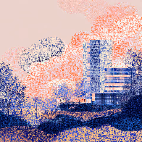 Modern wellness clinic building surrounded by trees and clouds, symbolizing trust, transparency, and community-focused health brands.