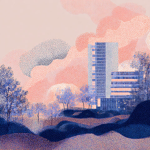 Modern wellness clinic building surrounded by trees and clouds, symbolizing trust, transparency, and community-focused health brands.