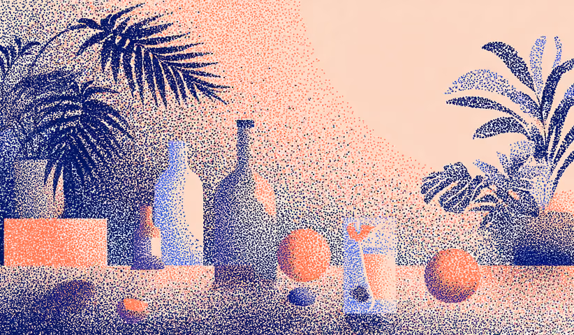 Botanical scene with bottles, plants, and natural ingredients, representing clean beauty and plant-based wellness products.