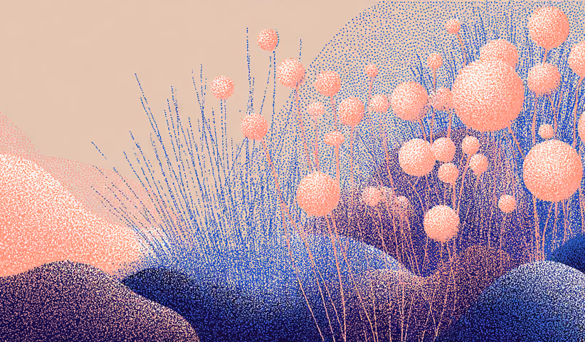 Soft landscape with abstract flowering plants, symbolizing organic growth and emotional connection in wellness marketing.