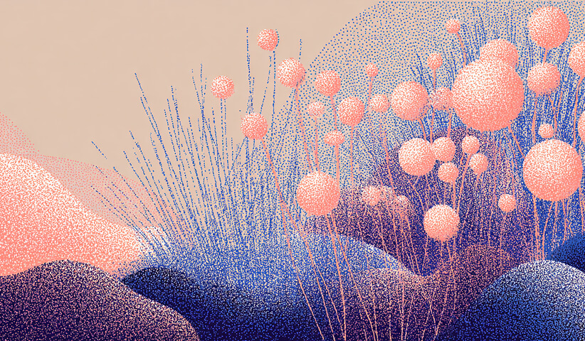 Soft landscape with abstract flowering plants, symbolizing organic growth and emotional connection in wellness marketing.