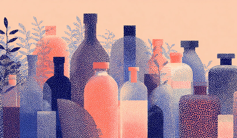 Collection of wellness and skincare bottles in varied shapes, representing product differentiation and premium positioning.
