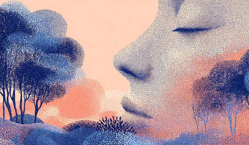 Close-up profile of a face blending into a natural landscape, symbolizing harmony between personal well-being and nature.