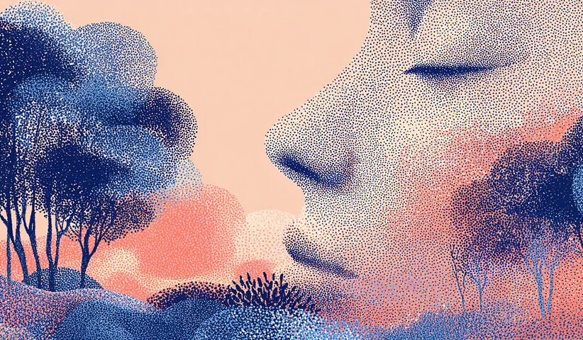 Close-up profile of a face blending into a natural landscape, symbolizing harmony between personal well-being and nature.