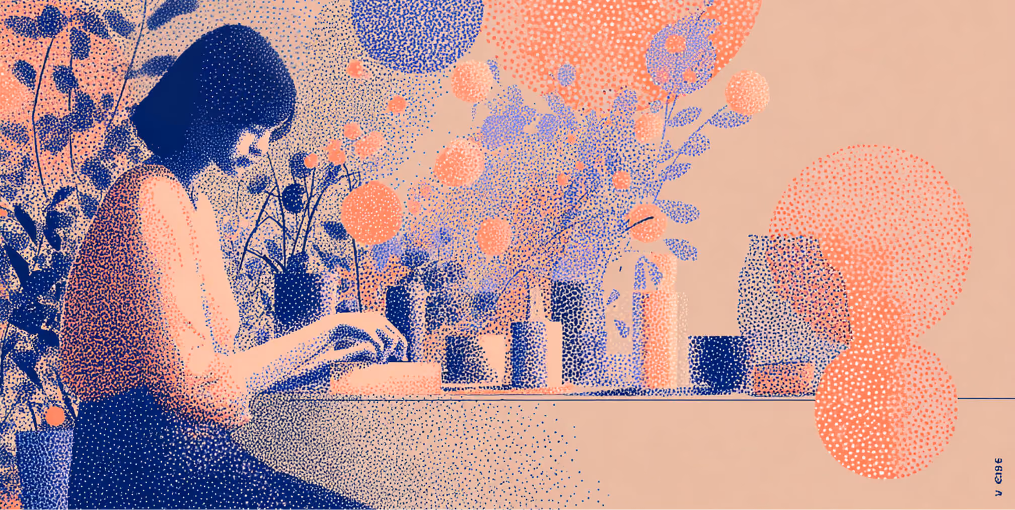 Person working at a desk surrounded by plants and wellness products, representing brand storytelling and content-driven marketing.