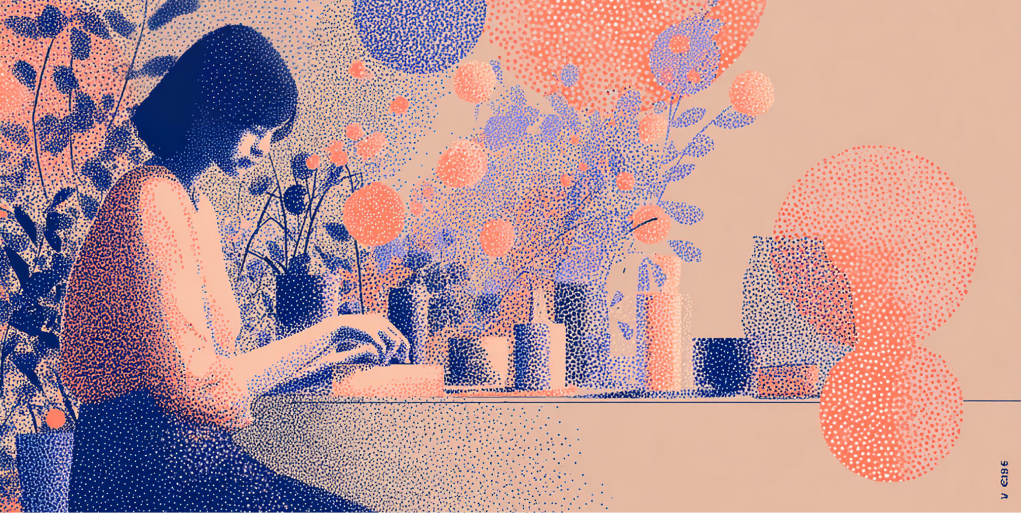 Person working at a desk surrounded by plants and wellness products, representing brand storytelling and content-driven marketing.