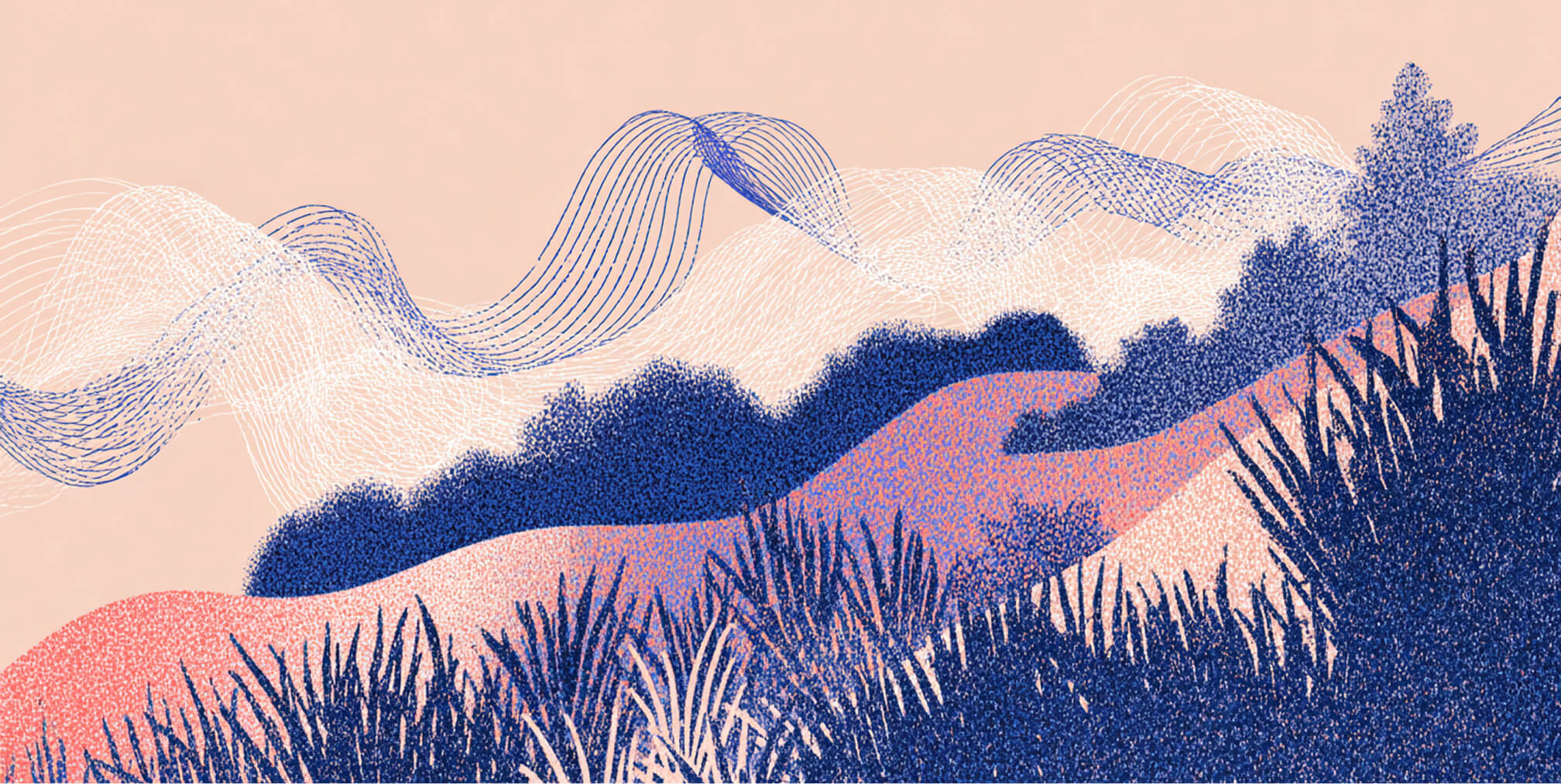 Rolling landscape with flowing wave lines in the sky, symbolizing data-driven strategy and evolving wellness brand ecosystems.