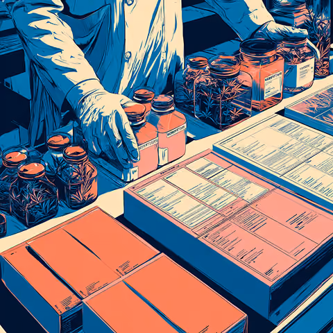 Lab technician reviewing cannabis product labels and packaging documents, representing compliance and regulated marketing processes.