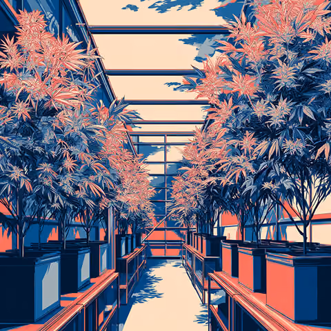 Indoor cultivation facility with organized rows of cannabis plants, highlighting operational scale and brand consistency.