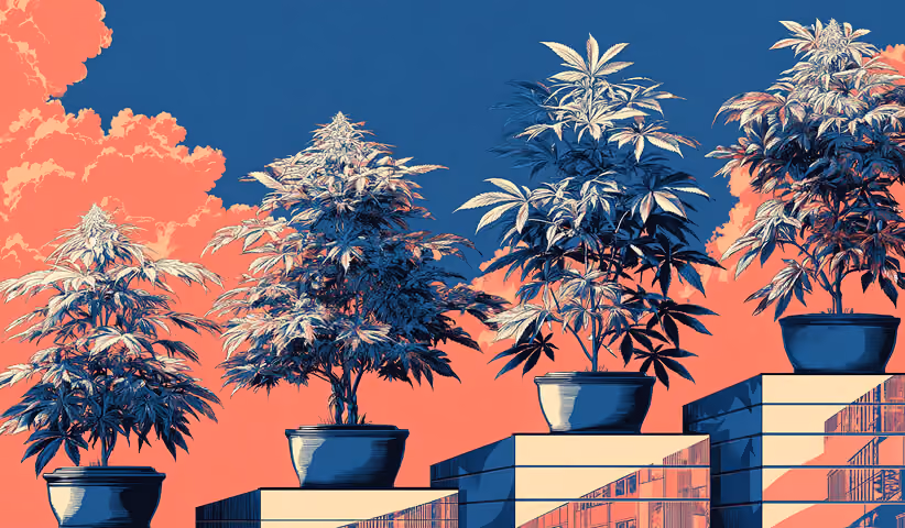Potted cannabis plants displayed on stacked platforms, symbolizing tiered product lines and market segmentation.
