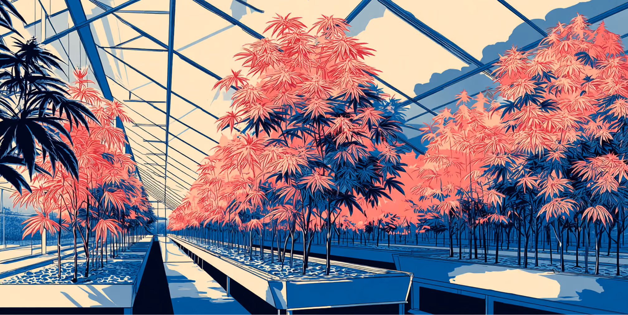 Large-scale greenhouse with evenly spaced cannabis plants under structured lighting, emphasizing growth and operational infrastructure.
