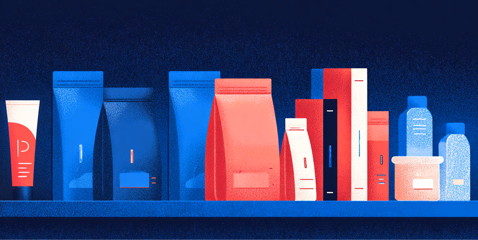 Minimalist product packaging lineup on a shelf featuring pouches, tubes, boxes, and bottles in bold red and blue tones against a dark background.