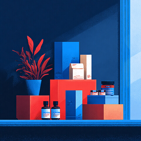 Structured display of boxed products and small bottles beside a potted plant, emphasizing clean design and premium shelf presentation.