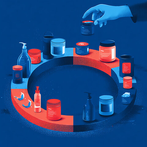 Circular arrangement of skincare and cosmetic containers with a hand placing a jar, representing curated product collections and experiential packaging.